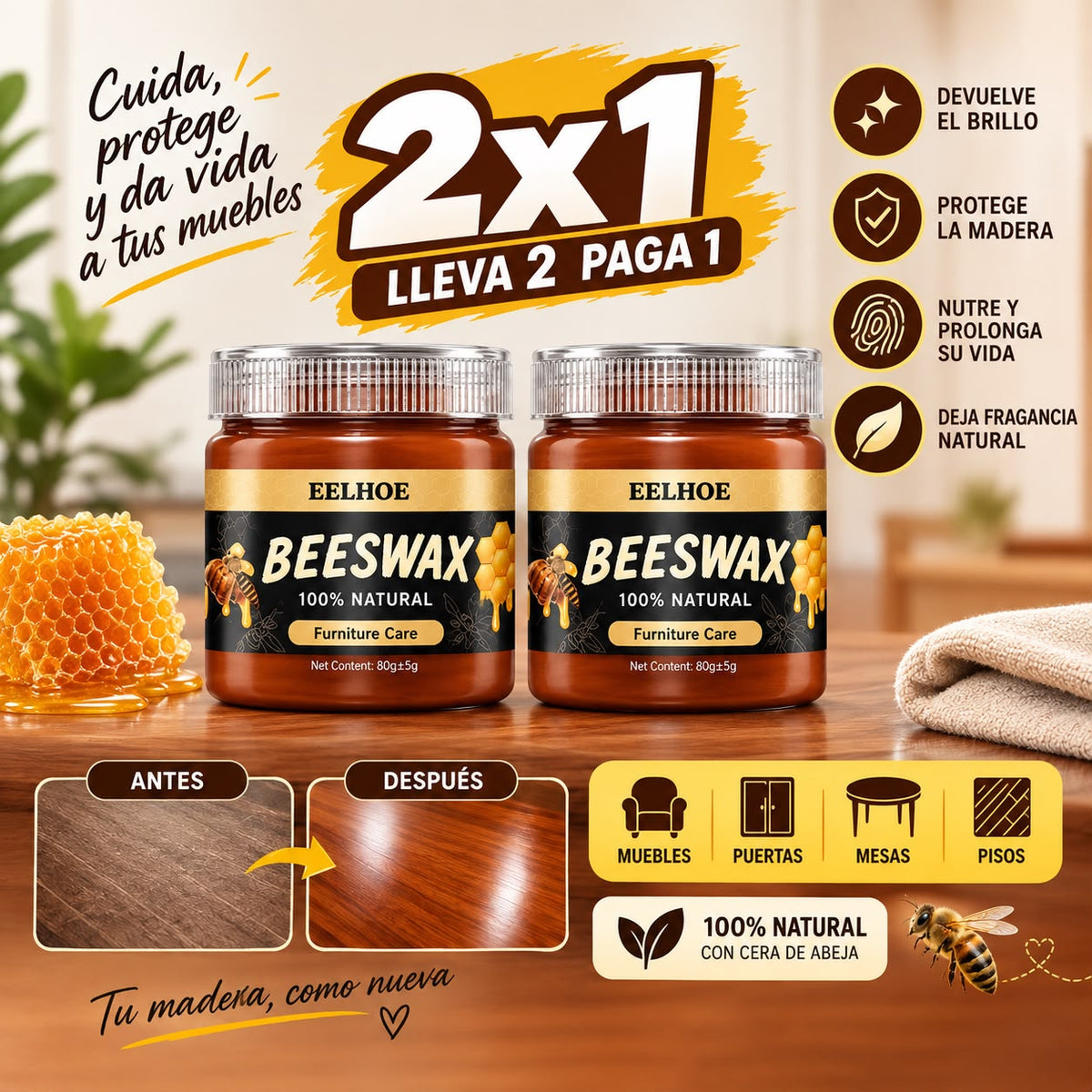 2X1 CERA BEESWAX MUEBLE BRILLO, REVIVIDOR MADERA (ROBLE)